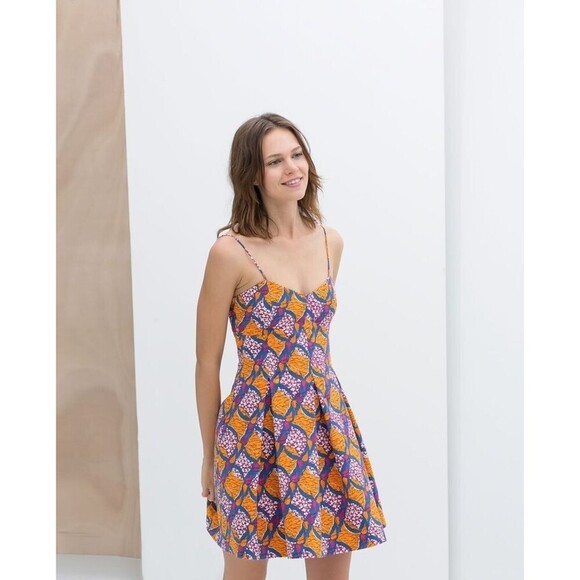 ZARA TRAFALUC Dress Women Medium Orange Blue Strappy Back Cutout Zip Closure - Picture 9 of 10